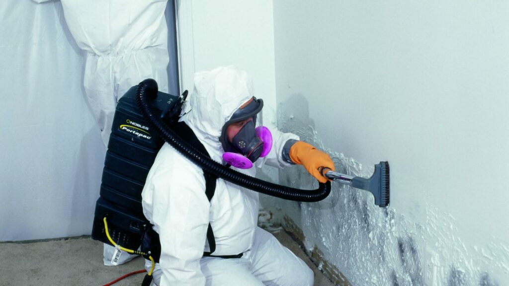 A male employee wearing PPE and removing contaminants from a wall 2 1920x1080px